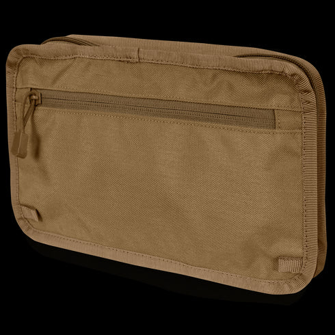 The Condor Stowaway Chest Rig is a tan rectangular zippered pouch crafted from durable fabric, with a front zipper pocket and reinforced edges—perfect for law enforcement or first responders.